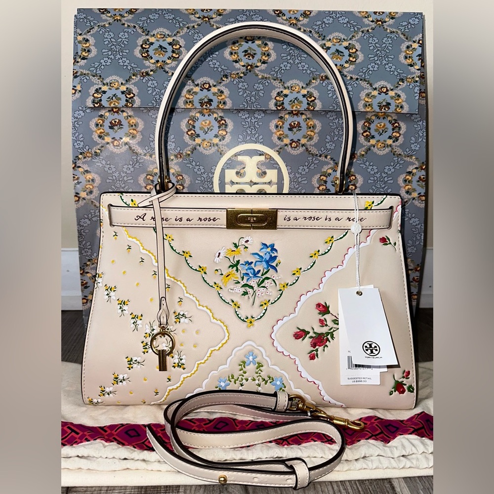 NWT Tory Burch Lee Radziwill Small Tooled Leather Satchel